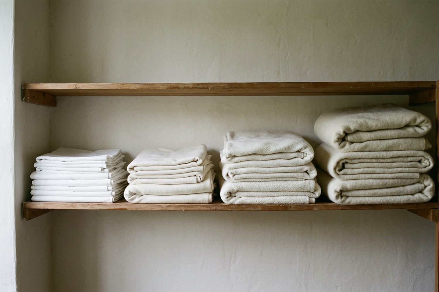 Four stacks of folded sheets and blankets of different thicknesses on a shelf.